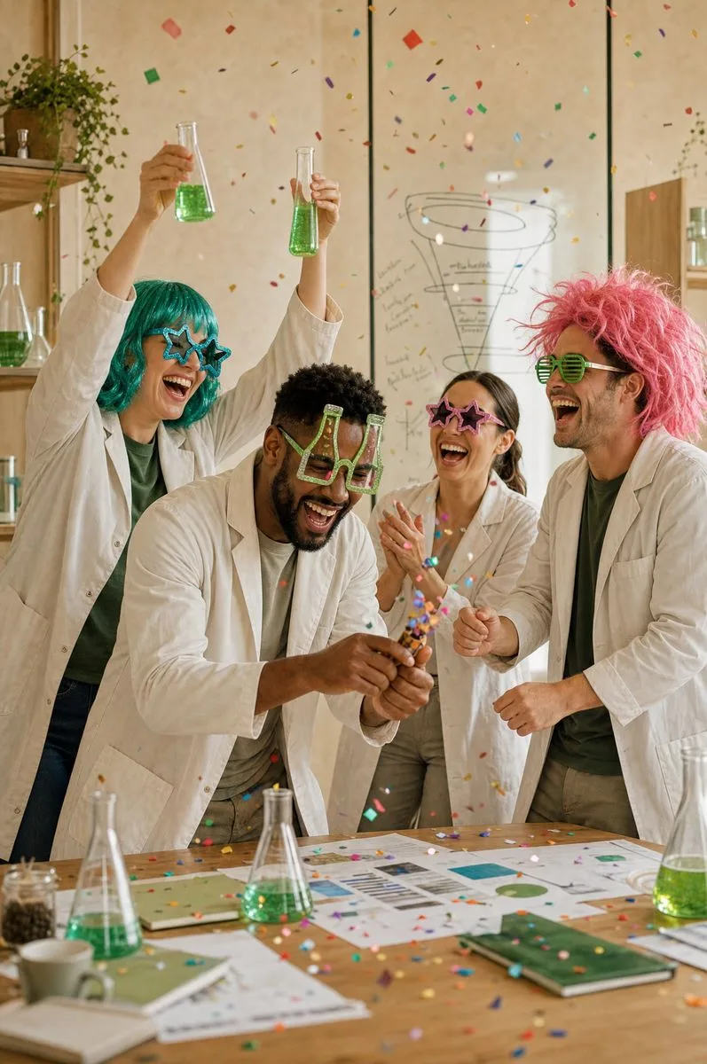 The Omni Labs team celebrating results night in lab coats, party wigs and novelty glasses