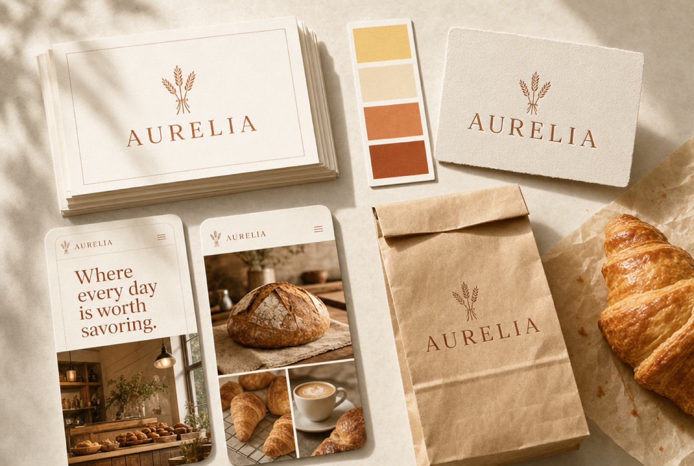 Brand identity system flat lay for Aurelia Bakehouse