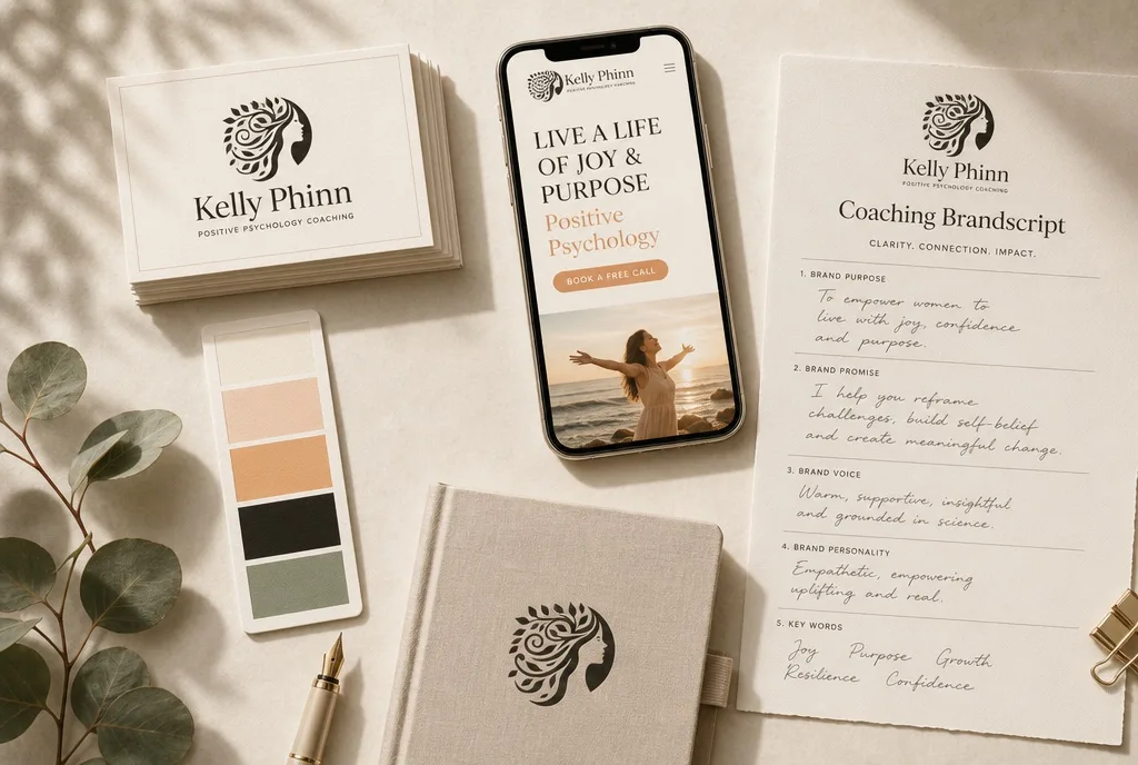 Brand identity system flat lay for Kelly Phinn positive psychology coaching