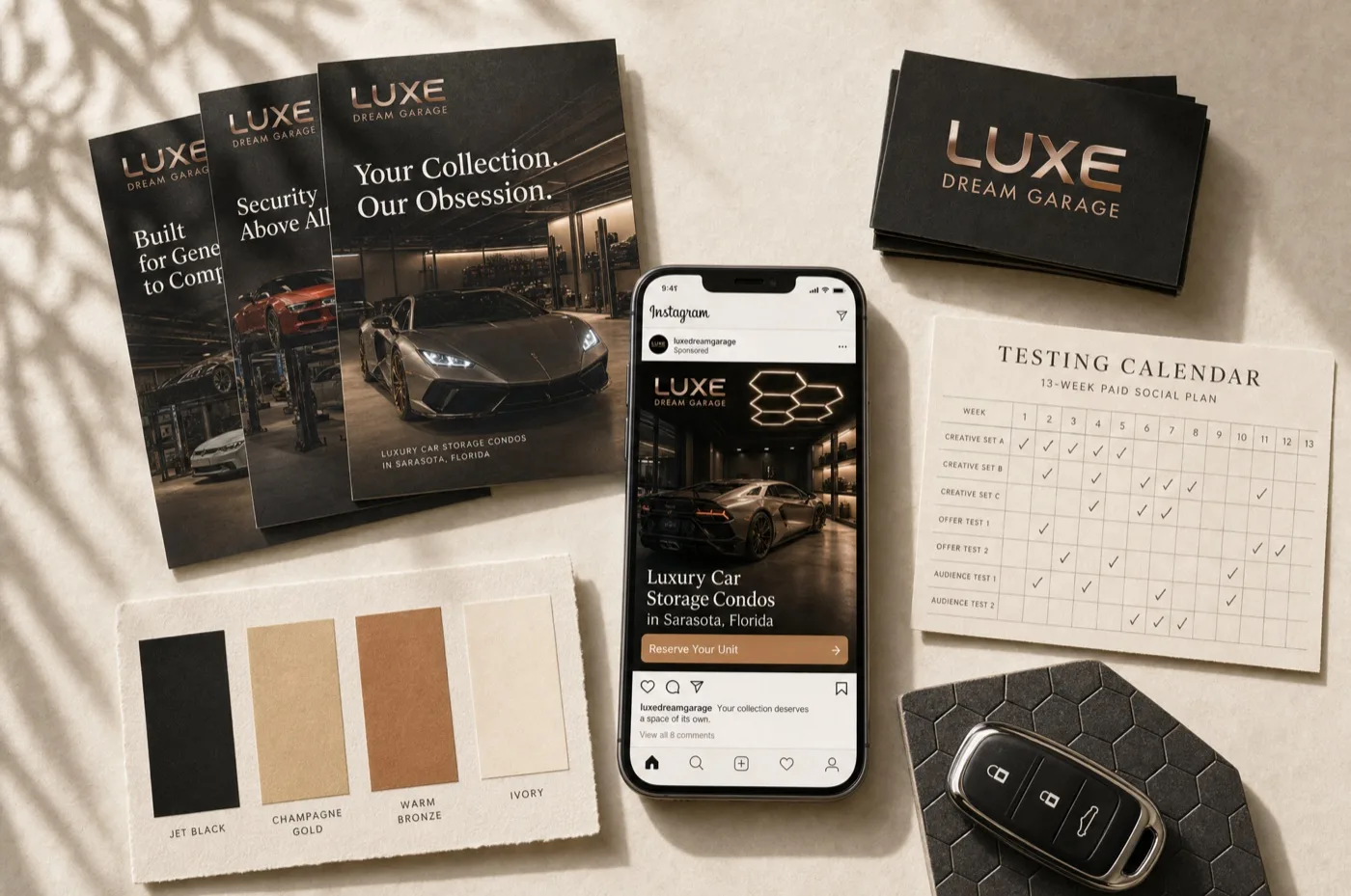 Paid social creative system flat lay for Luxe Dream Garage