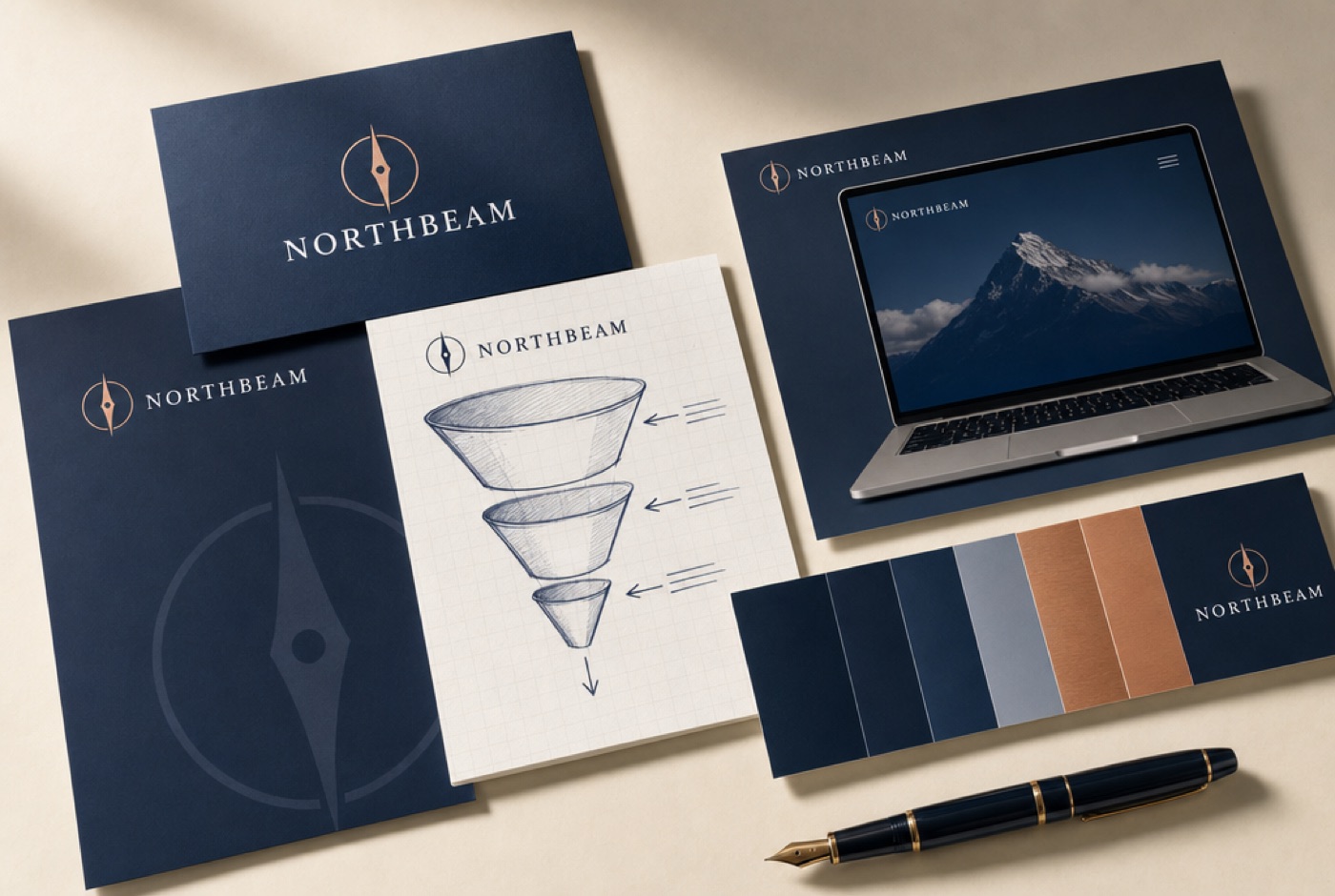 Positioning system and funnel map flat lay for Northbeam Advisory