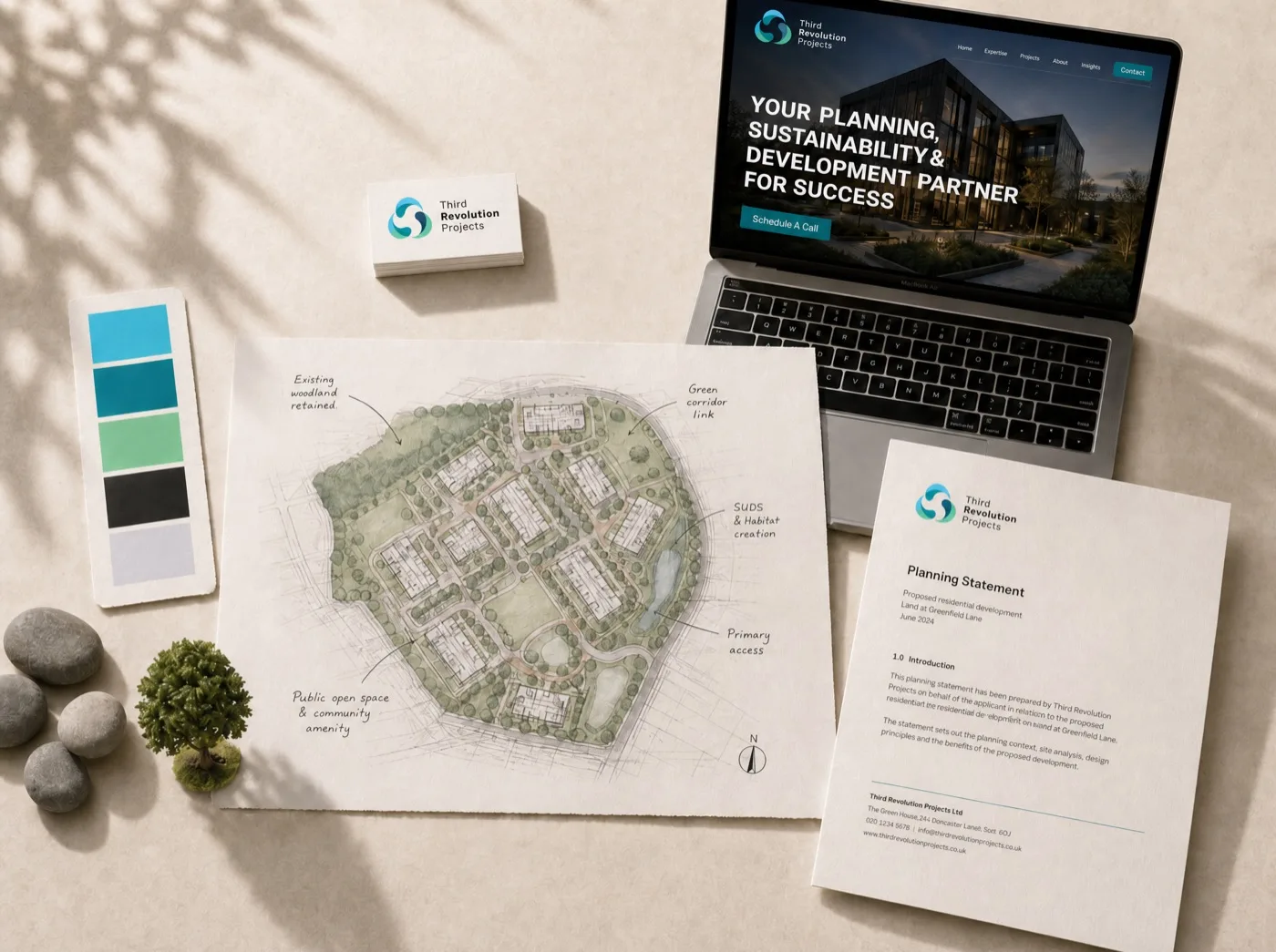 Brand identity and website system flat lay for Third Revolution Projects