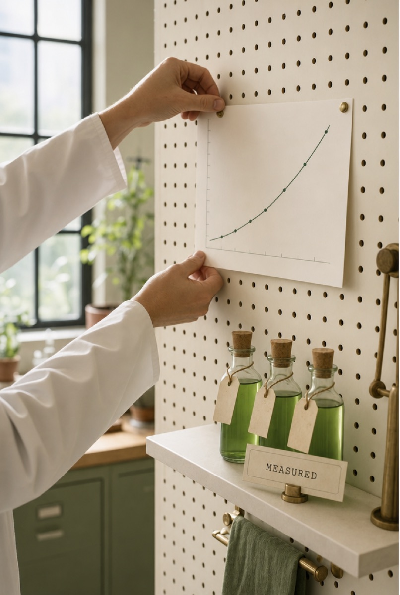 A lab-coated marketer pinning a rising results chart to the lab wall beside labeled specimen vials