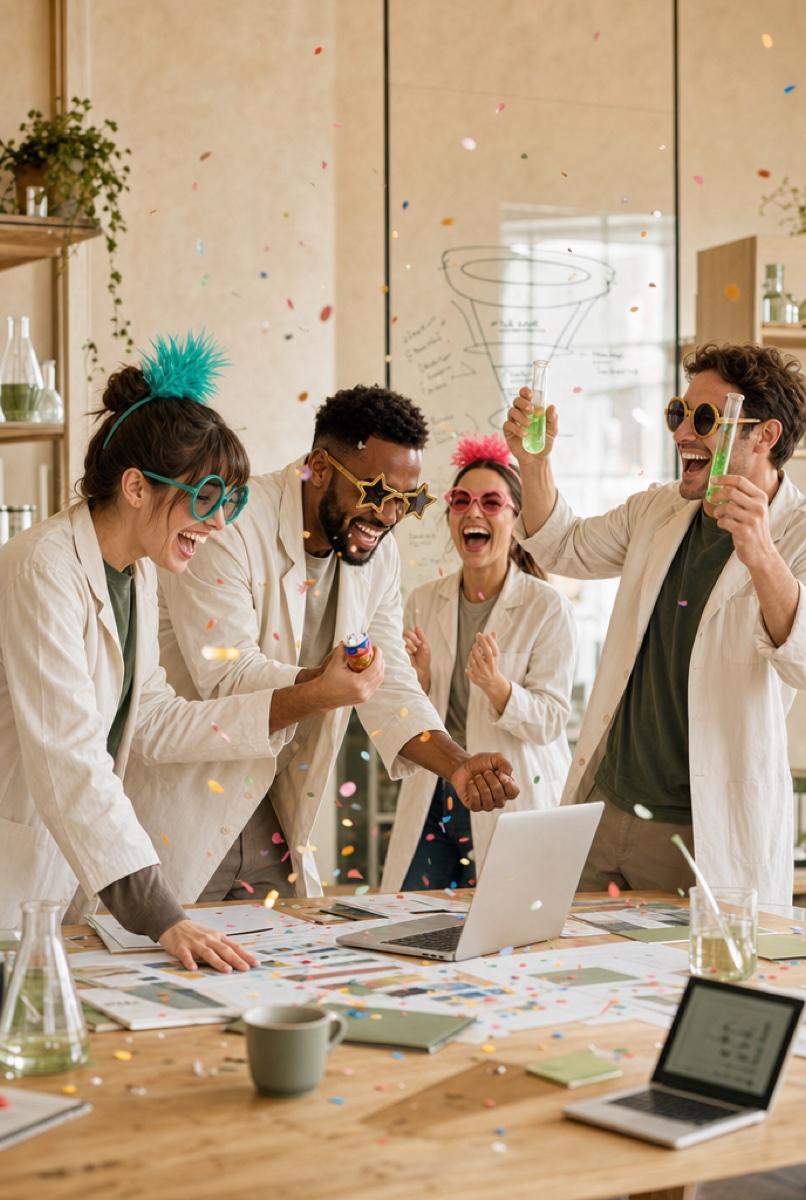 The Omni Labs team celebrating in lab coats, party wigs and novelty glasses, test tubes in hand